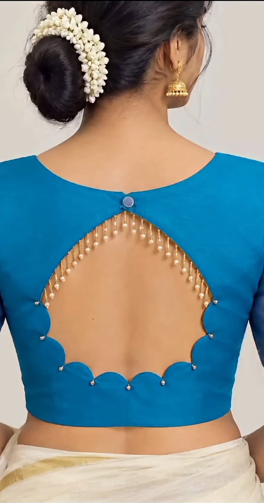 Blue Keyhole Back Blouse with Pearl Lace