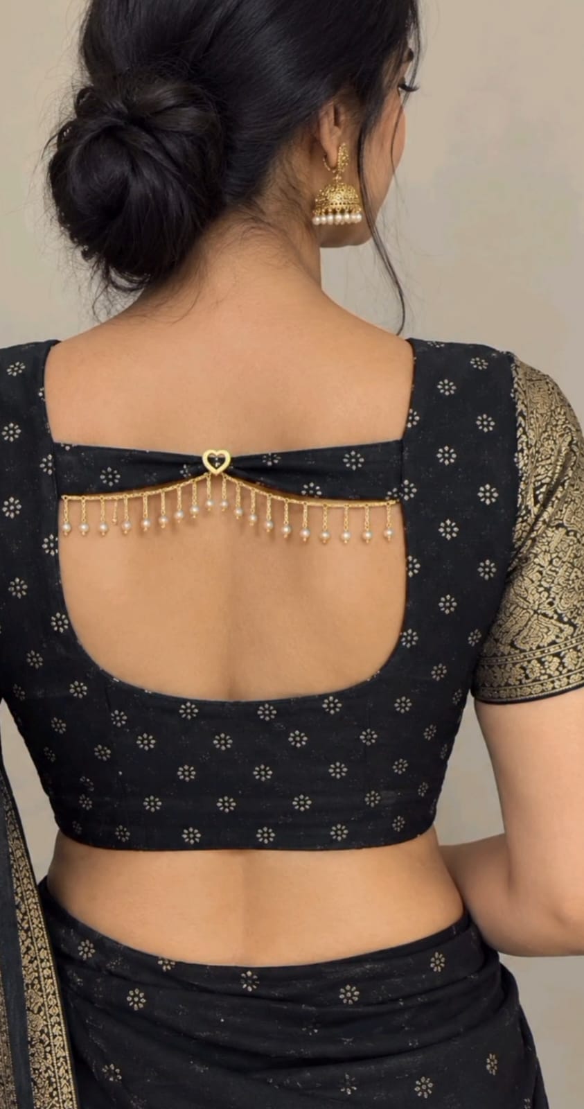 Black Brocade Blouse with Pearl Hangings