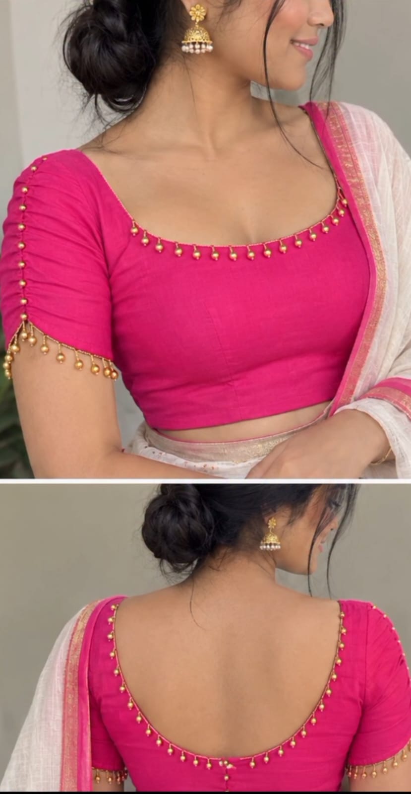 Pink Boat-Neck Blouse with Pearl Lace