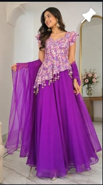 Purple Organza Gown with Ruffle Dupatta