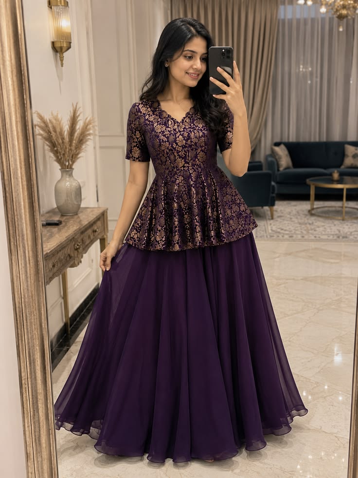 Purple Peplum Top with Flared Skirt