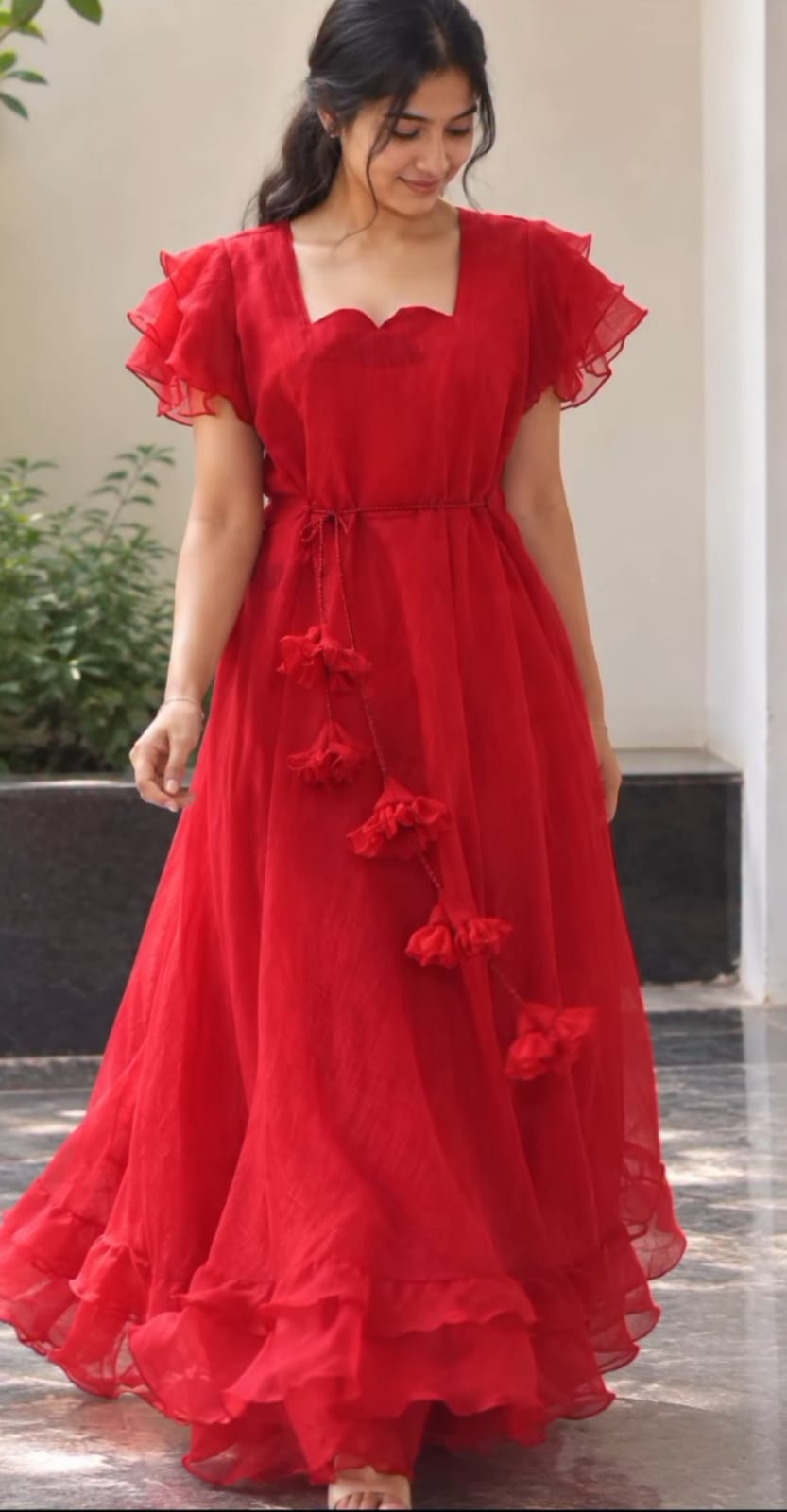 Red Ruffle Sleeve Long Frock