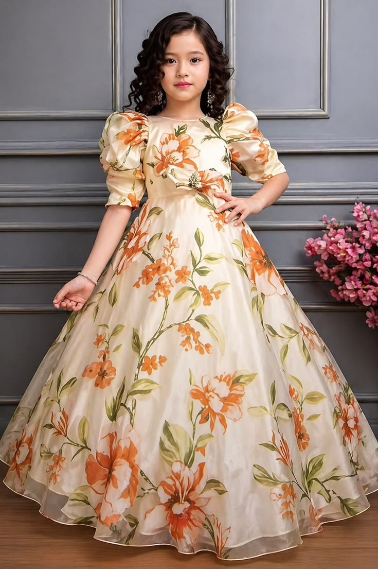 Kids Floral Puff Sleeve Gown
