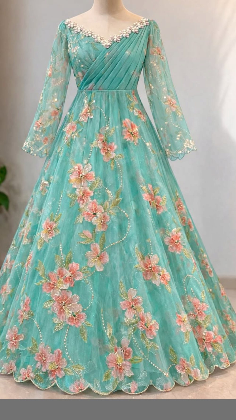 Aqua Floral Organza Gown
