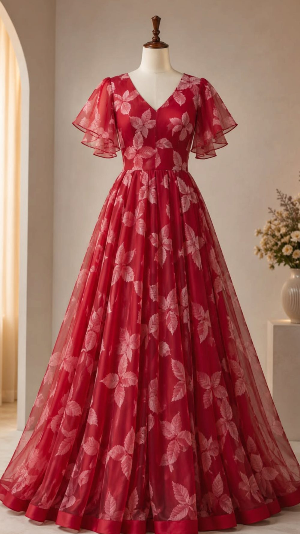 Red Floral Organza Gown